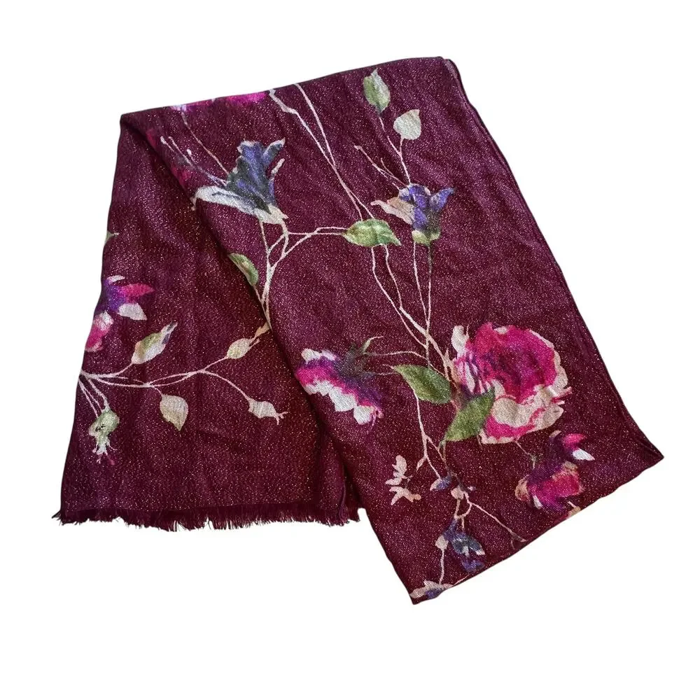 Collection Eighteen Floral Scarf Burgundy Metallic Fringed